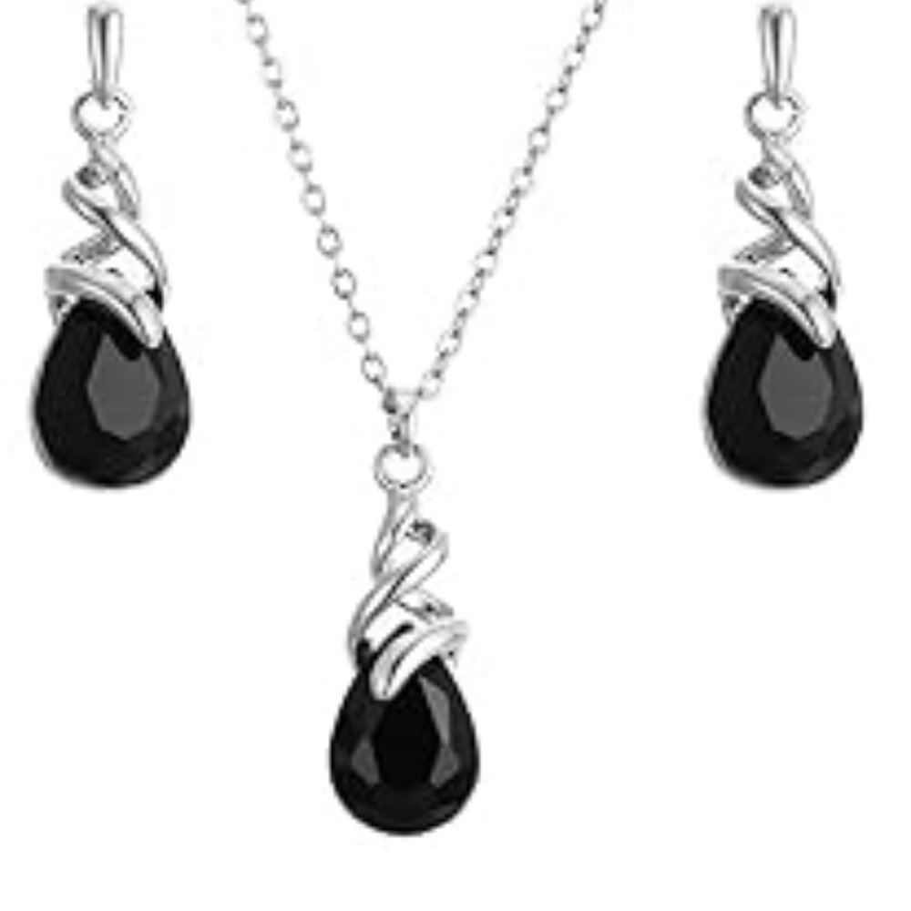 Teardrop Jewelry Set Crystal‎ Pendant Necklace w Drop Dangle Earrings Statement